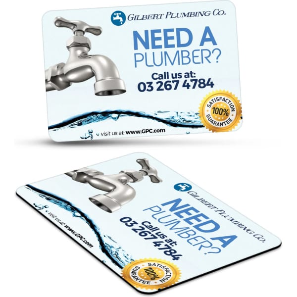 A rectangular fridge magnet featuring a water tap design, predominantly in light blue, with a logo and contact information.