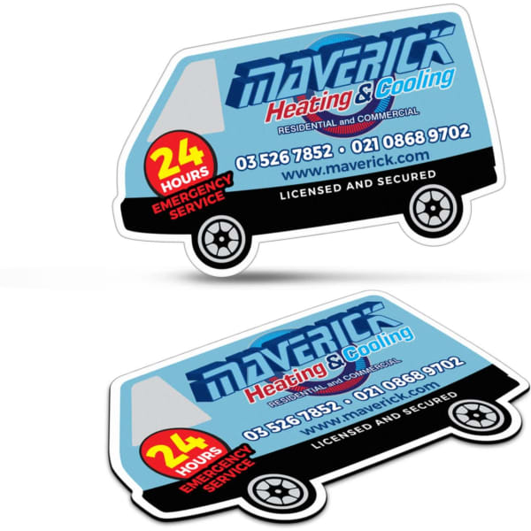 A van-shaped fridge magnet in blue and white with a logo, featuring contact details and emergency service information.