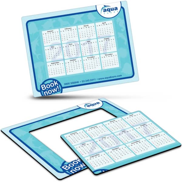 A magnetic photo frame in light blue, featuring a calendar design and a logo in the corner.