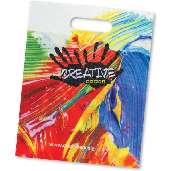 A vibrant tote bag featuring a multicoloured abstract design and a branding logo.