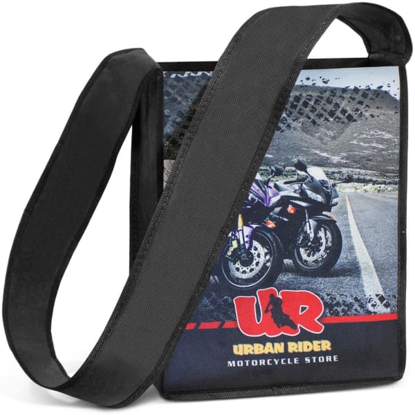A black promotional bag with a shoulder strap, featuring a motorcycle image and a logo.