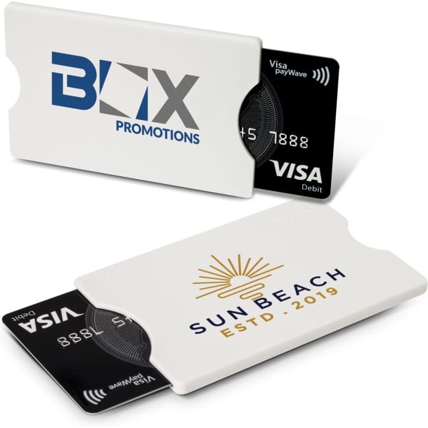 A white RFID card protector featuring logos, containing two black debit cards.