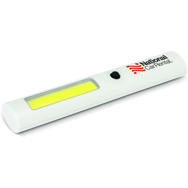 A white COB light with a yellow light strip and a button, featuring a logo on one side.