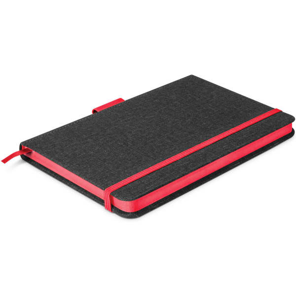 A two-tone notebook with a charcoal grey cover and red accents, featuring an elastic closure and a branding logo.