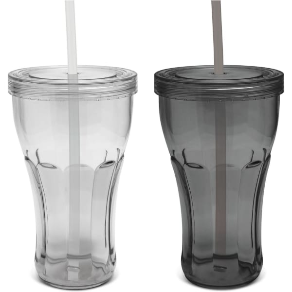 A set of two plastic tumblers in clear and dark grey, each with a lid and straw. Both feature a logo.