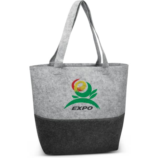 A grey and dark grey tote bag with a logo on the front and two sturdy handles.