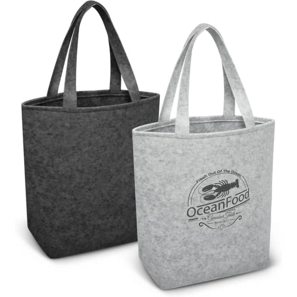 Two tote bags in grey and black, made from felt material, featuring an emblem and two handles each.