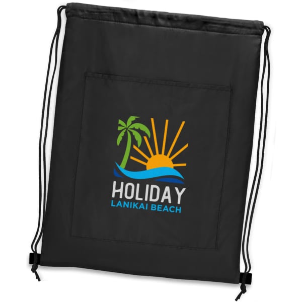 A black drawstring cooler backpack featuring a logo with a sun, palm tree, and waves.