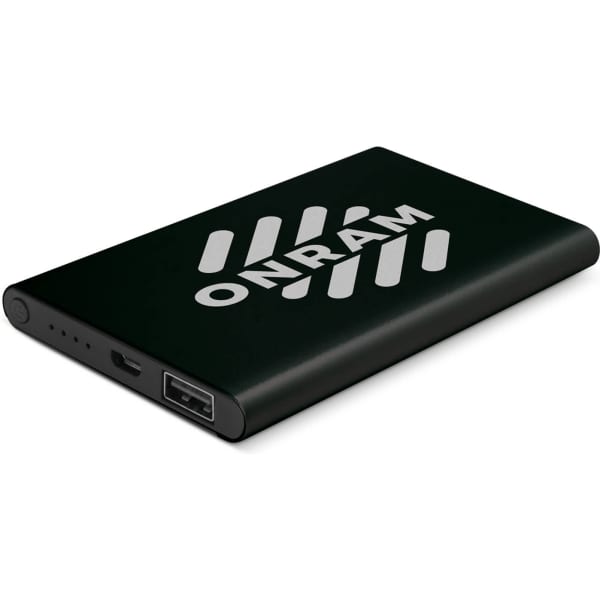 A black power bank with a logo and various ports for charging devices.