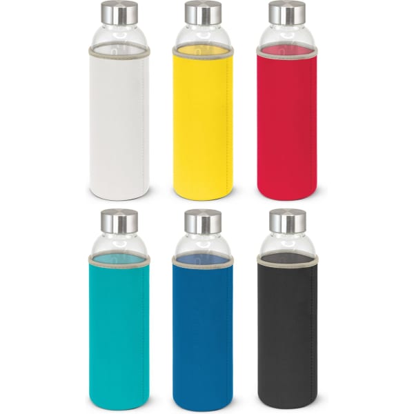 A drink bottle collection featuring six bottles with neoprene sleeves in white, yellow, red, teal, blue, and black. Each has a logo.