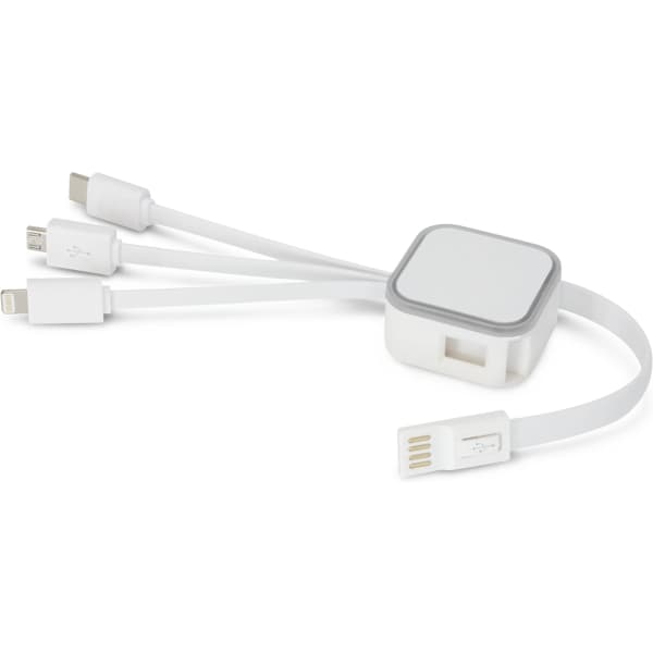 A white charging cable with multiple connectors, including USB, Lightning, and Micro USB, attached to a rectangular hub.
