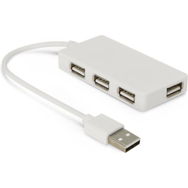 A white USB hub with four ports and a connecting cable. It features a simple, compact design.