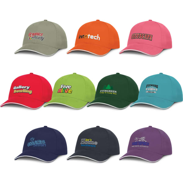 A collection of caps in various colours, including grey, orange, pink, red, green, blue, and black, featuring different logos.
