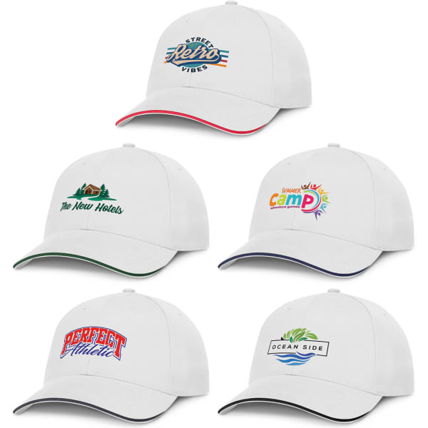 Five white caps displayed, each featuring different logos and designs in various colours.