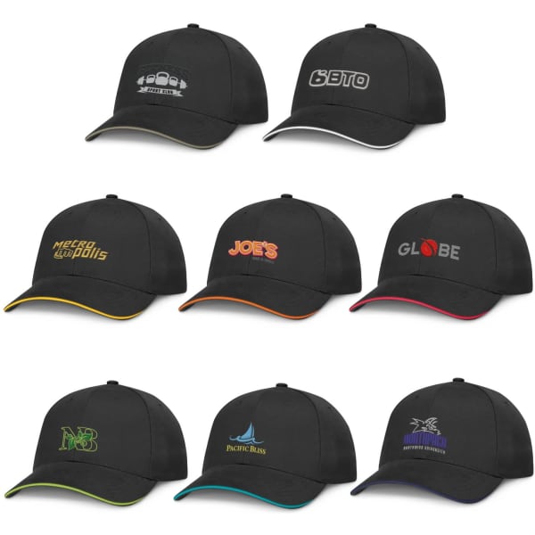 A collection of black caps, each featuring different logos and coloured accents along the brim.