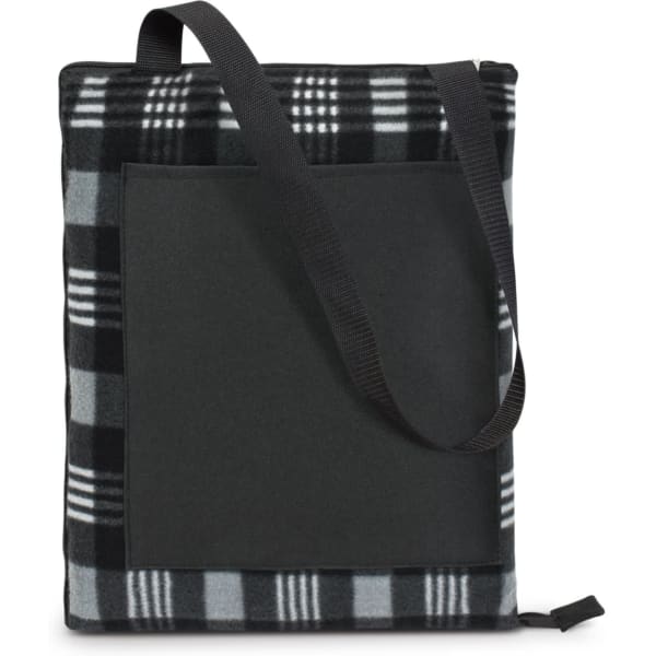 A plaid picnic blanket in black and grey, featuring a carry strap and a pocket on the back.