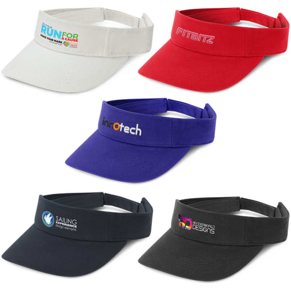 A selection of sun visors in grey, red, purple, and black, featuring various logos and branding.
