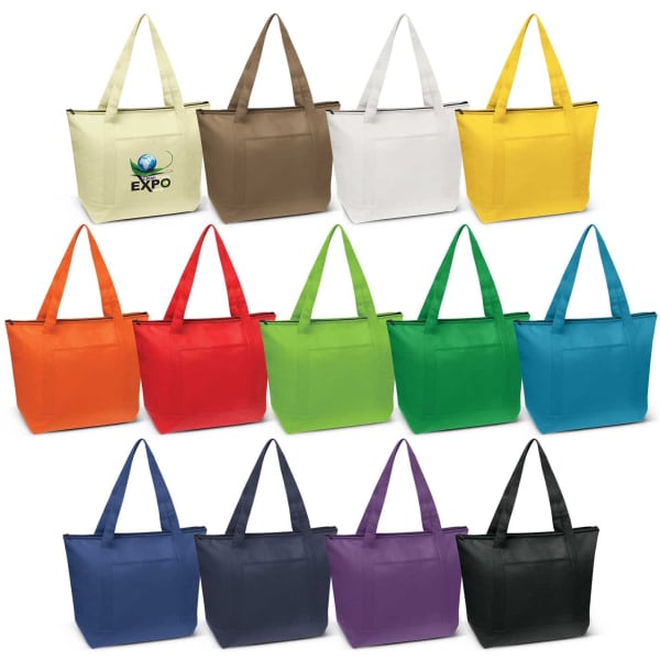 A variety of cooler bags in colours including orange, green, blue, black, purple, yellow, and white with logos.