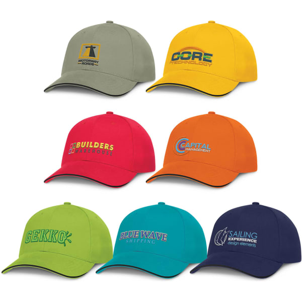 A variety of caps featuring black trim in green, yellow, red, orange, and blue with assorted logos.