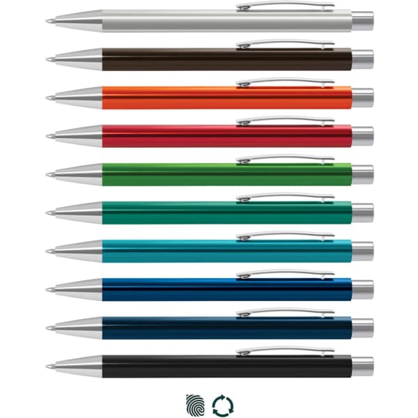 A set of ten metal pens in various colours including white, orange, green, blue, and black, each with a silver clip.