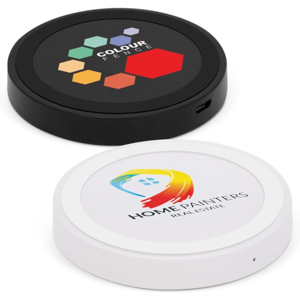 Two wireless chargers are displayed, one in black with multi-coloured hexagons and one in white with a logo.
