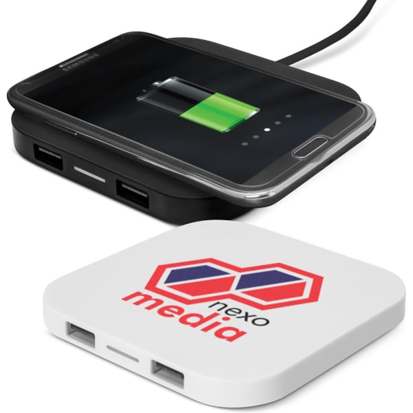 A black and white wireless charging hub with a smartphone showing a charging battery icon. The hub features a logo.