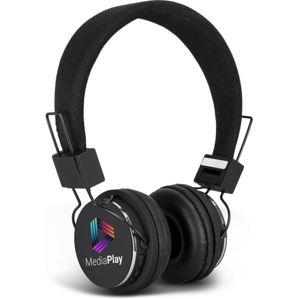 Black Opus Bluetooth headphones with a padded headband and ear cups; features a logo on one ear cup.