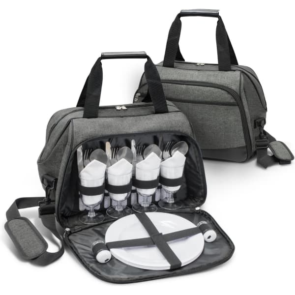 A grey picnic bag with utensils, cups, and a plate neatly organised inside. It has dual handles and a shoulder strap.