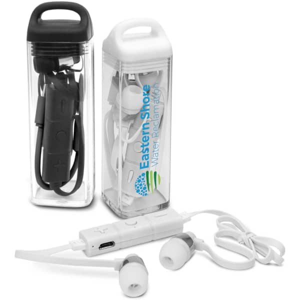 Two sets of Tycho Bluetooth earbuds in white and black, each packaged in a clear plastic case with a logo.