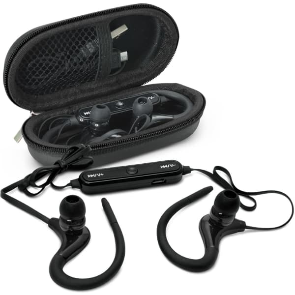 Black Bluetooth earbuds with a case, featuring a charging cable and ear hooks. Includes a control module.