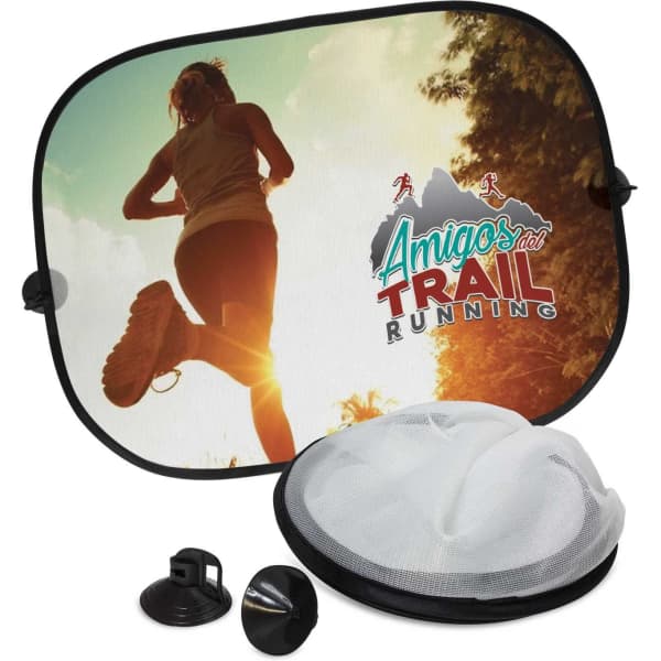 A sunshade set featuring a silhouette of a runner against a sunset background, with a logo and accessories included.