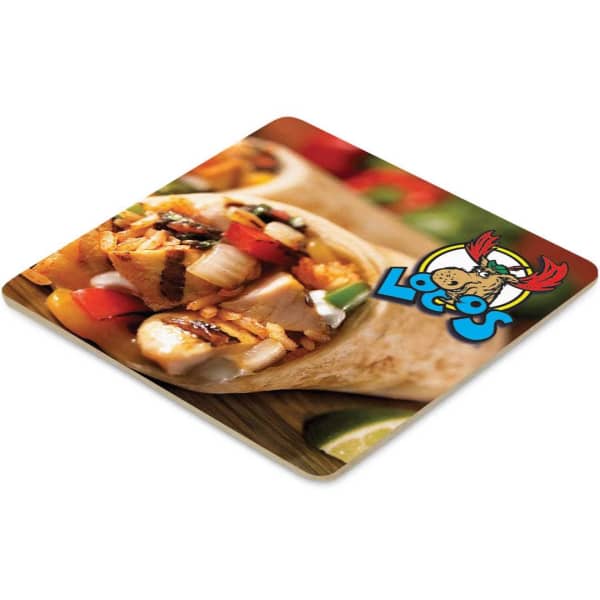 A square cardboard drink coaster featuring a vibrant image of a grilled wrap with various toppings and a logo.