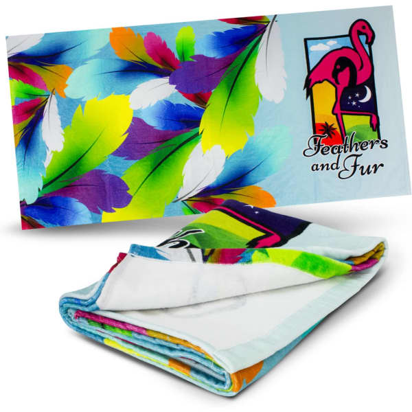 A vibrant blanket featuring colourful feathers in shades of blue, green, yellow, and purple, with a logo.