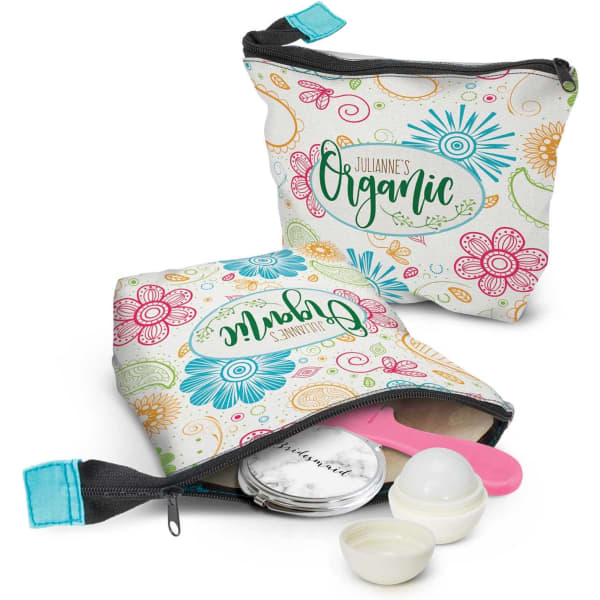 A floral-patterned cosmetic bag in white, featuring bright pink, green, and blue designs, with a zip closure and a logo.