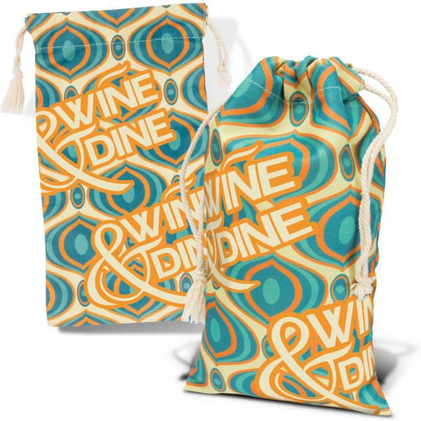 A cotton gift bag featuring a colourful abstract pattern in shades of blue, orange, and cream, with a drawstring closure.