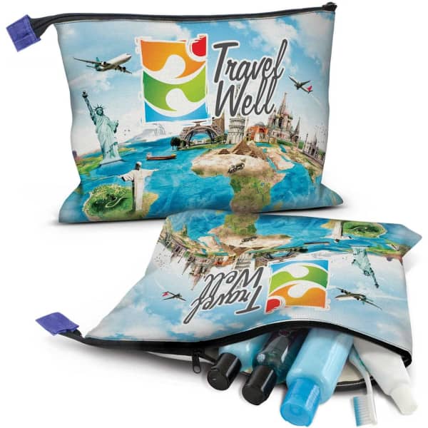 A toiletry bag featuring a vibrant travel-themed design with various landmarks and a logo, containing multiple travel-sized bottles.