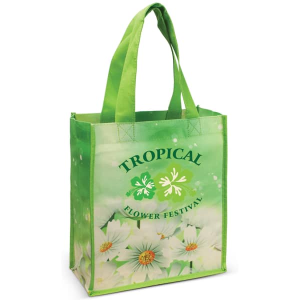 A green tote bag featuring floral designs and a logo, with two sturdy handles.
