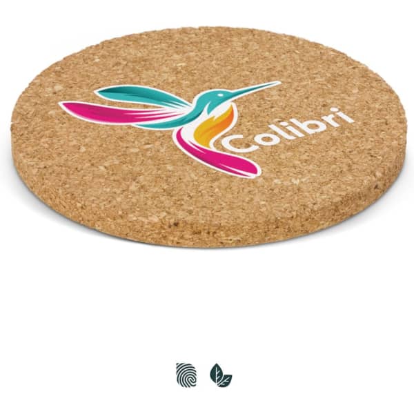 A round cork coaster featuring a colourful hummingbird design and a logo. The coaster is tan in colour.