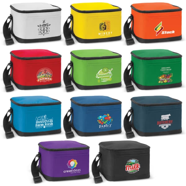 A collection of cooler bags in various colours, each with a logo, featuring square shapes and side handles.