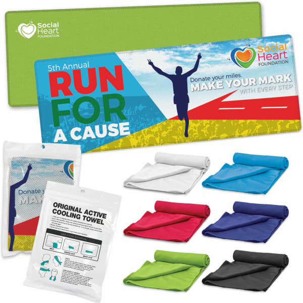 A collection of active cooling towels in various colours: white, blue, green, and black, along with a pouch and a banner.
