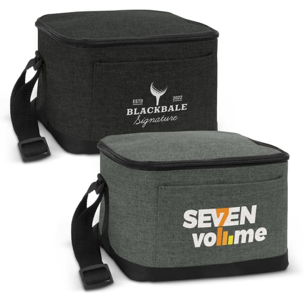 A green cooler bag with black accents, featuring a logo on one side and the name 