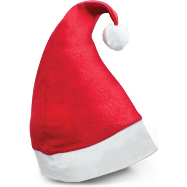 A red Santa hat with a white brim and a fluffy pom-pom at the top, featuring a smooth texture.