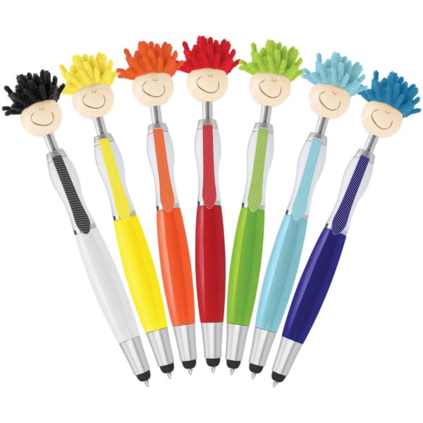 A collection of six colourful stylus pens with mop-top heads featuring smiling faces in various hues.