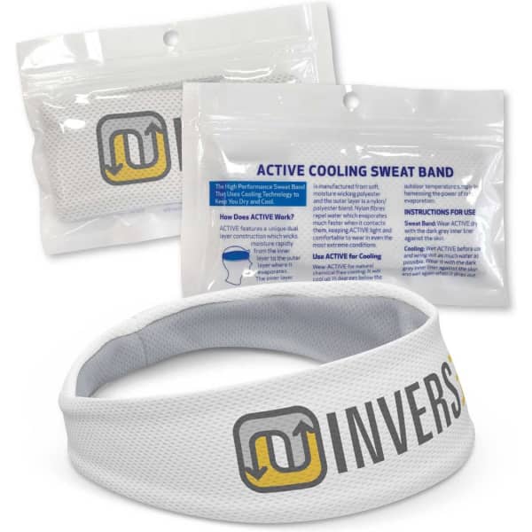 A white active cooling sweat band with a logo, accompanied by a clear packaging bag.
