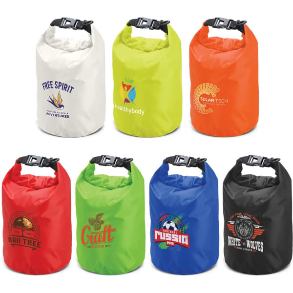 Eight Nevis Dry Bags in various colours: white, orange, red, green, blue, and black, each featuring a logo.
