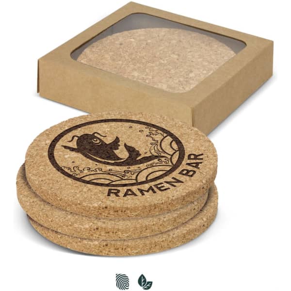 A set of four round cork coasters in a box, featuring a logo with a fish and script reading 
