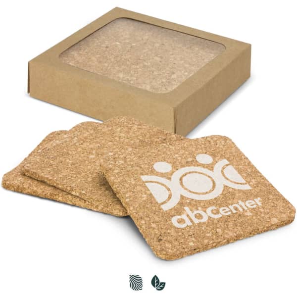 A set of four square cork coasters in a natural colour, packaged in a kraft box with a logo.