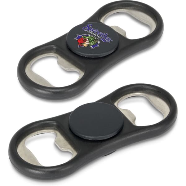 A drink bottle opener in black with a circular centre, featuring a logo and dual bottle cap openings.