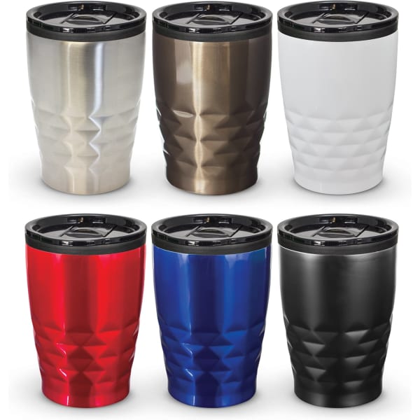 A set of six Urban Coffee Cups in silver, bronze, white, red, blue, and black, featuring a textured design and lid.