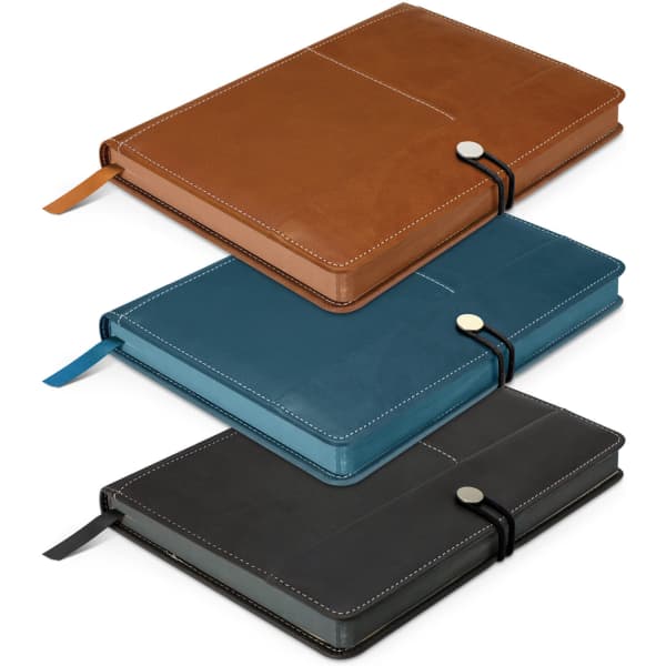 A set of three notebooks in brown, teal, and dark green, featuring a logo and elastic closure.